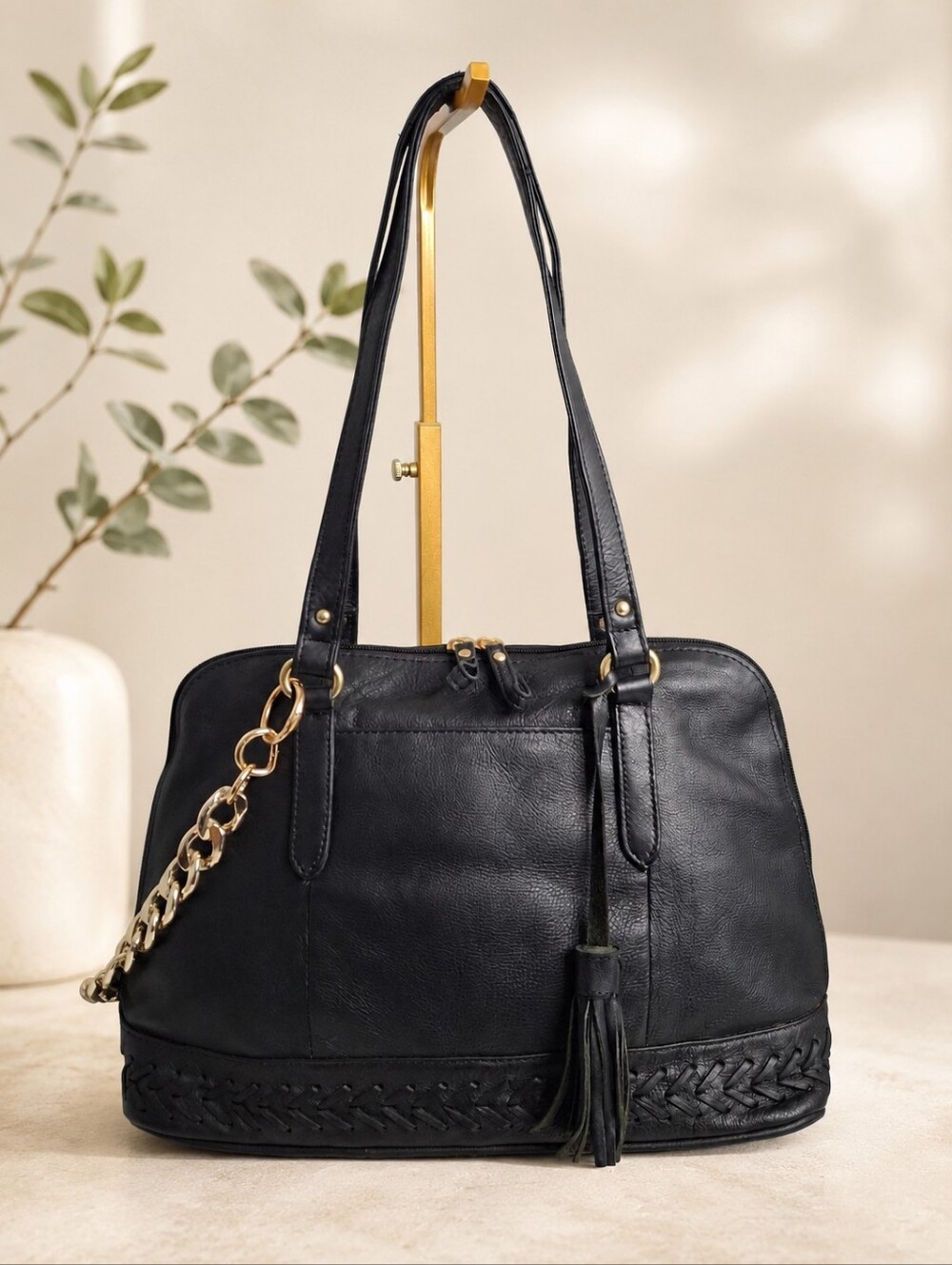 Great American Leatherworks Leather Shoulder Bag w/  Braided Trim & Tassel EUC